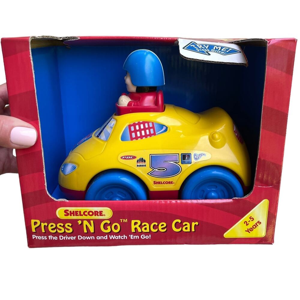 Shelcore Press N Go Race Car Toy Vintage 2001 #5 Yellow Racing Vehicle NOS